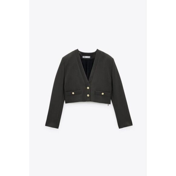 NWT ZARA Crop Blazer with Gold Buttons XS Dark Gray - Picture 5 of 12